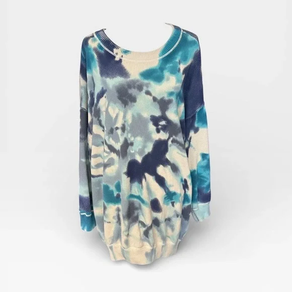 Natural Life Sweater L/XL Blue Cream Tie Dye Taylor Oversized Long Sleeve Cotton - Picture 1 of 9